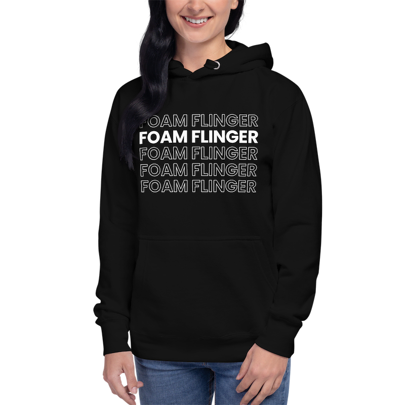 "Foam Flinger" Hoodie in Black on a Model
