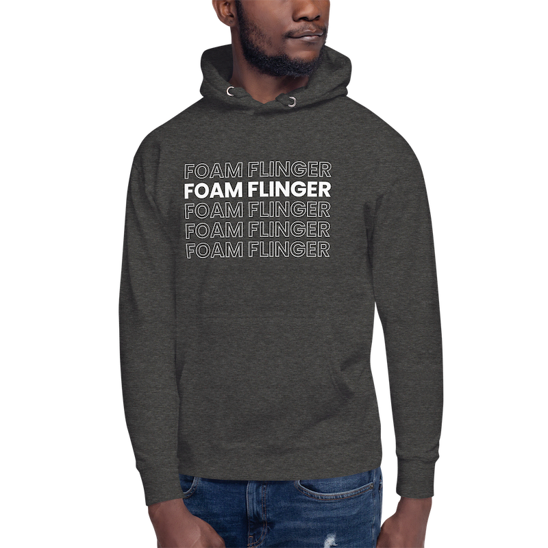 "Foam Flinger" Hoodie in Charcoal Heather on a Model