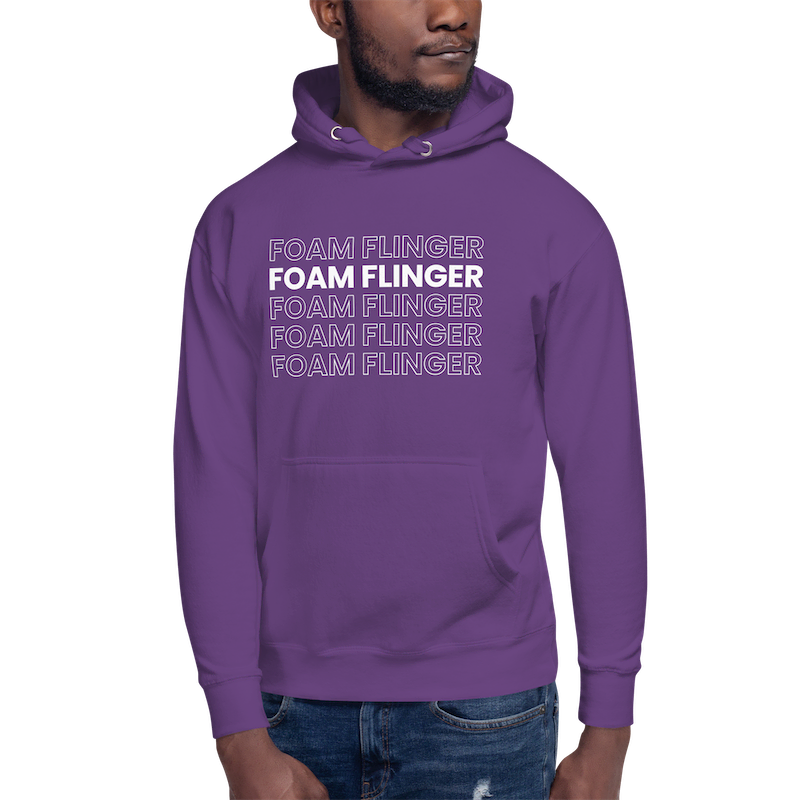 "Foam Flinger" Hoodie in Purple on a Model